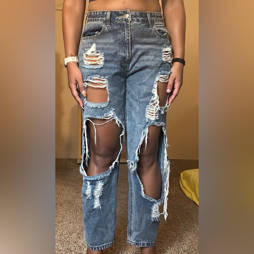 Fashion Nova Ripped Blue Boyfriend Jeans